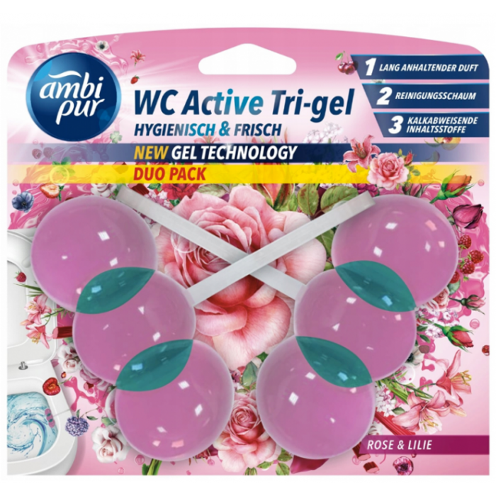 Гелевый подвесной блок для туалета Ambi Pur WC Active Tri-gel Роза и лилия, 2х45 г - 